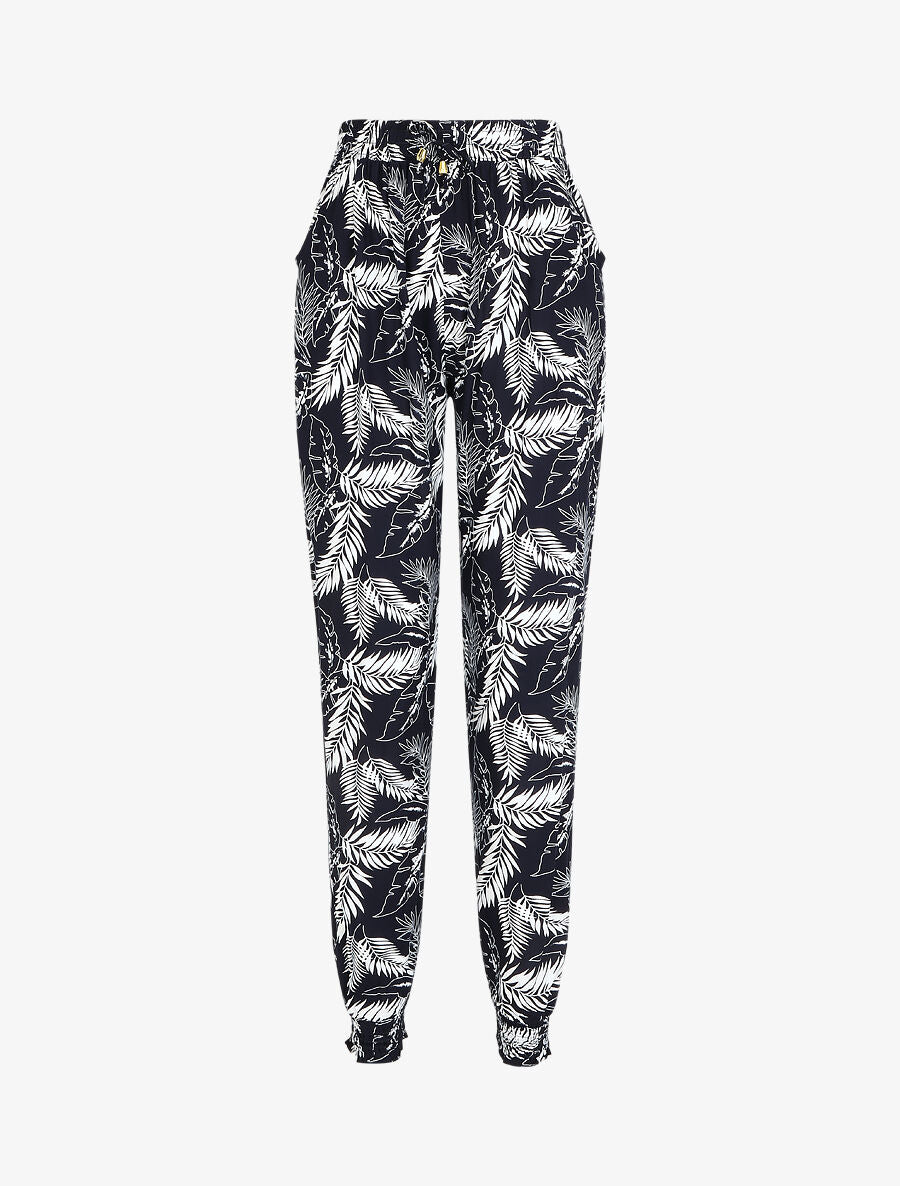 Pantalon ample imprimé feuilles à taille élastiquée - Bleu - 5