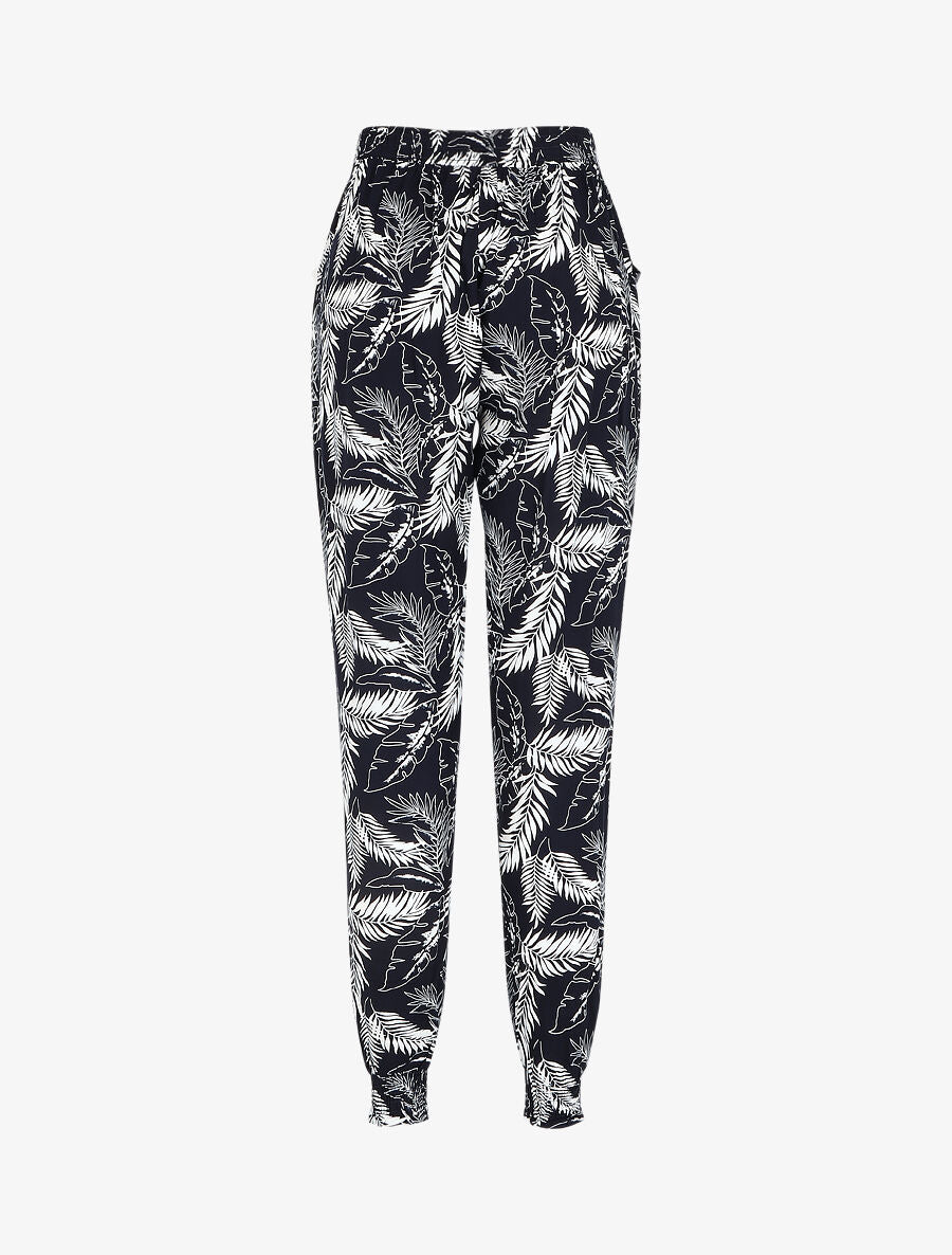 Pantalon ample imprimé feuilles à taille élastiquée - Bleu - 2