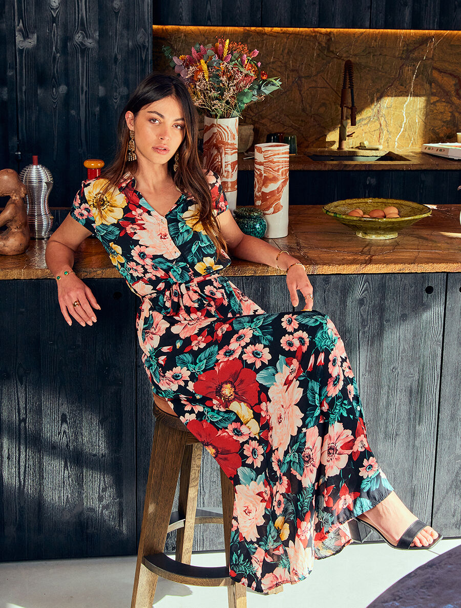 Robe chemise longue imprimé grandes fleurs - Noir - 5