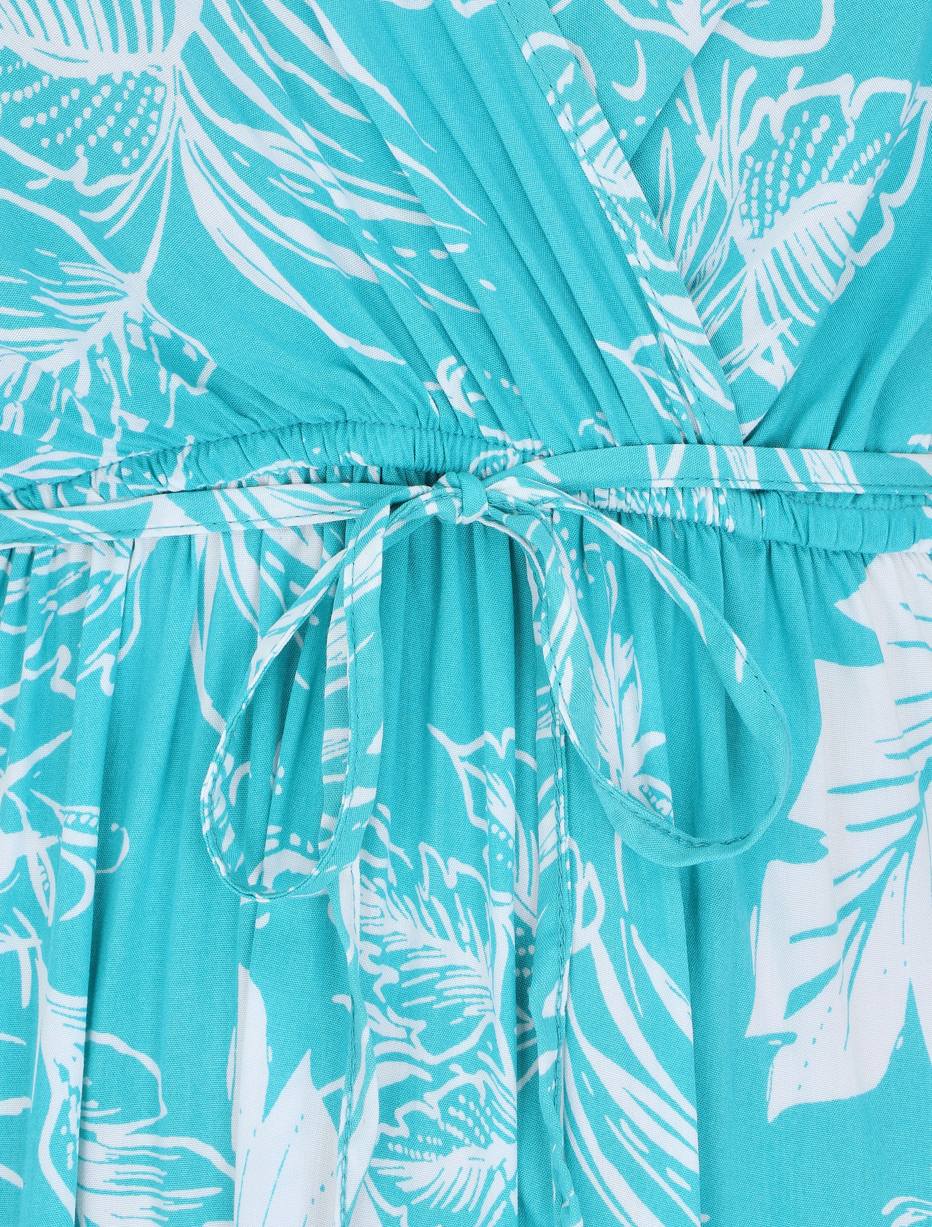 Robe longue col cache-coeur motif tropical - Bleu turquoise - 4