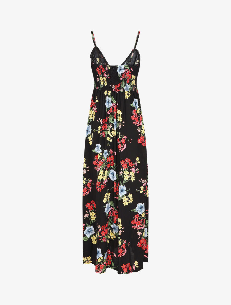 Robe longue à fleurs et bretelles - Noir - 2