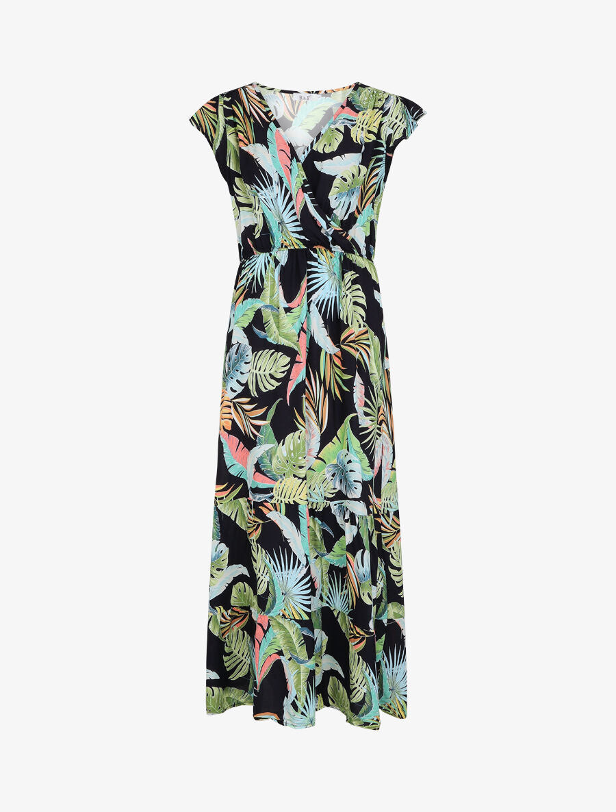 Robe longue évasée imprimé tropical - Marine - 1