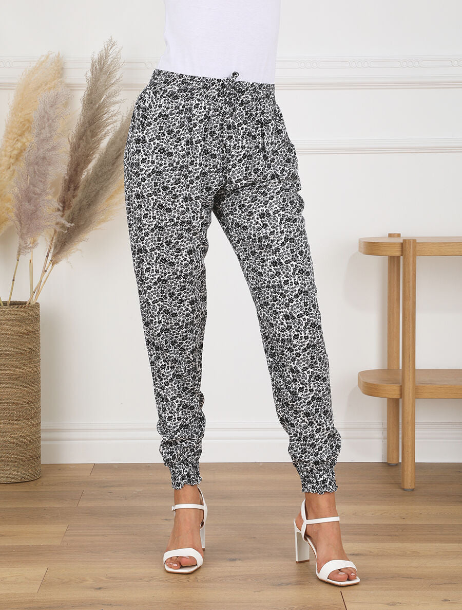 Pantalon style jogging imprimé floral - Noir - 4