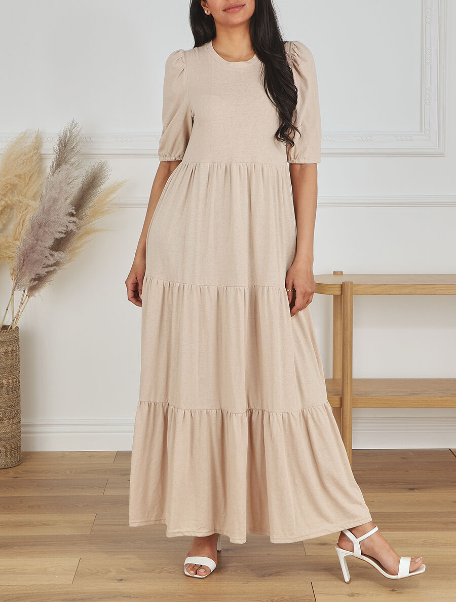 Robe longue à manches paysannes élastiquées - Beige - 4