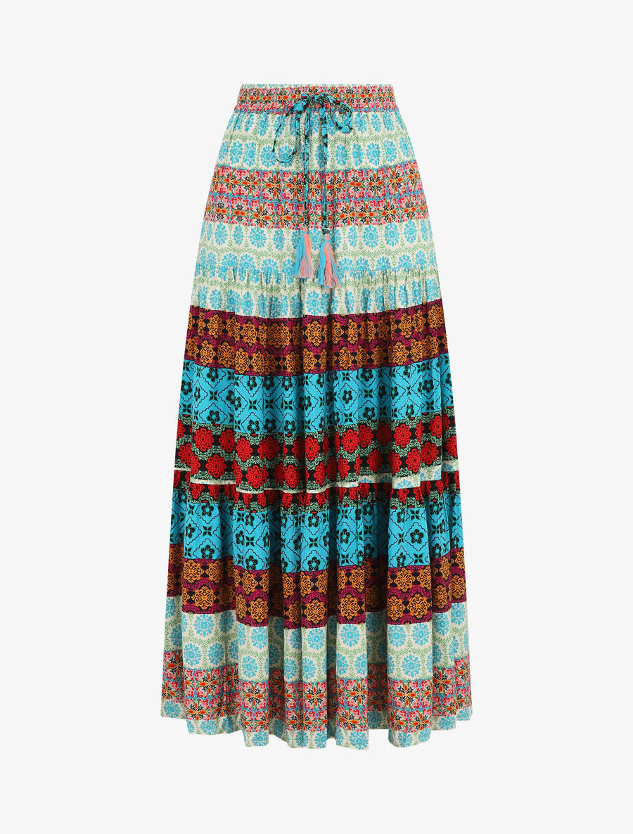 Jupe longue à taille élastiquée imprimé graphique - Turquoise - 1