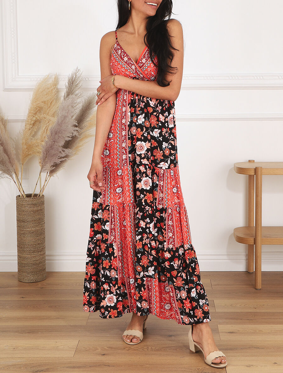 Robe longue imprimé floral style patchwork - Noir - 4