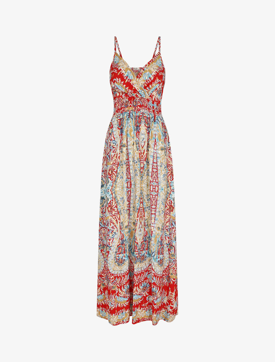 Robe longue fleurie et irisée - Rouge - 5