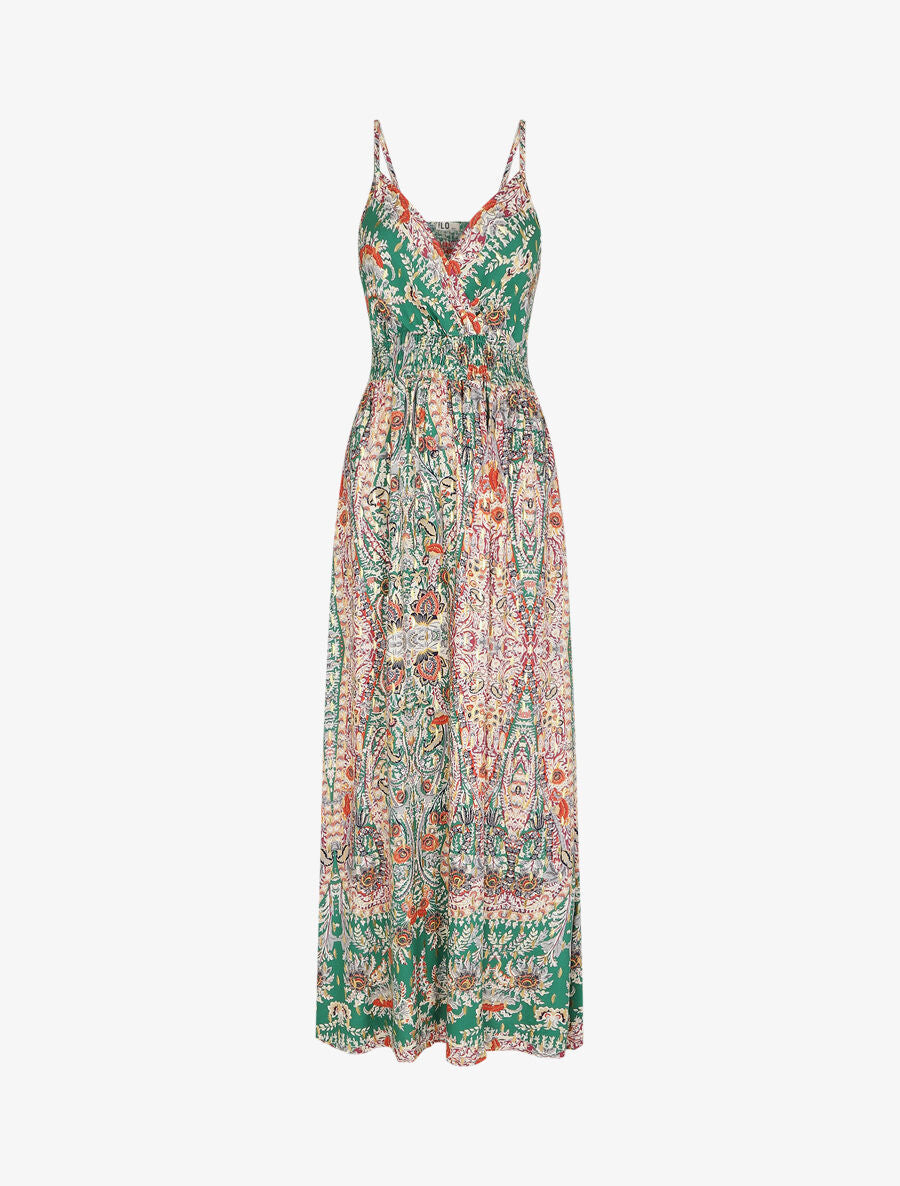 Robe longue fleurie et irisée - Vert - 1