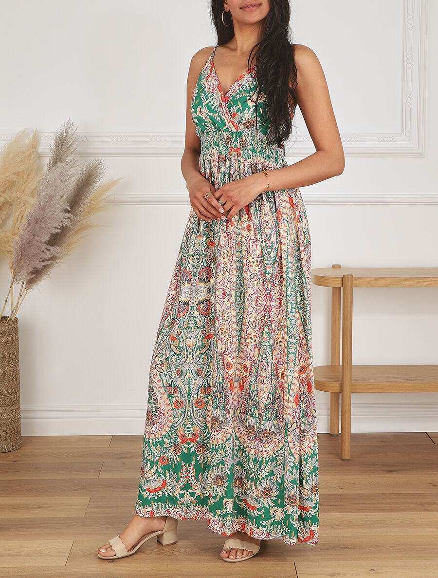Robe longue fleurie et irisée - Vert - 4