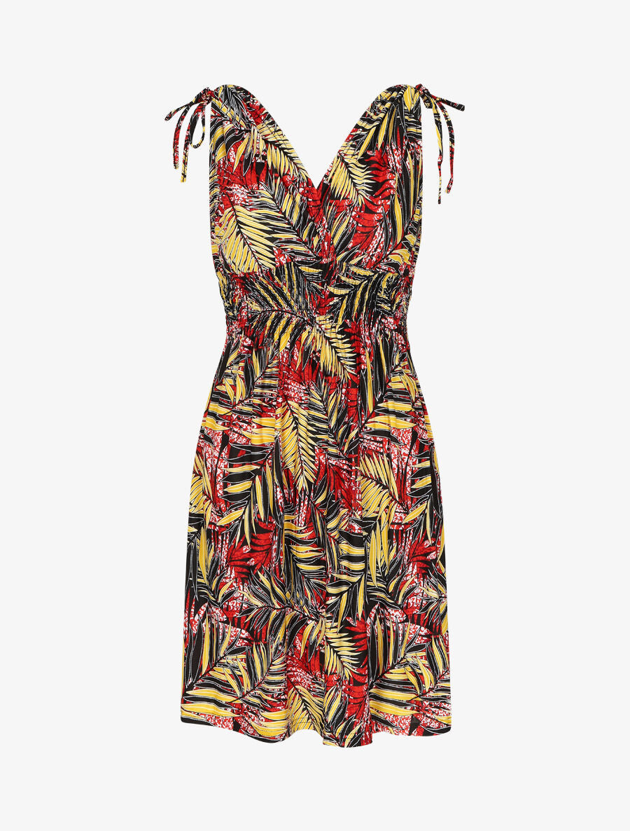 Robe courte élastiquée imprimé feuilles tropicales - Rouge - 1