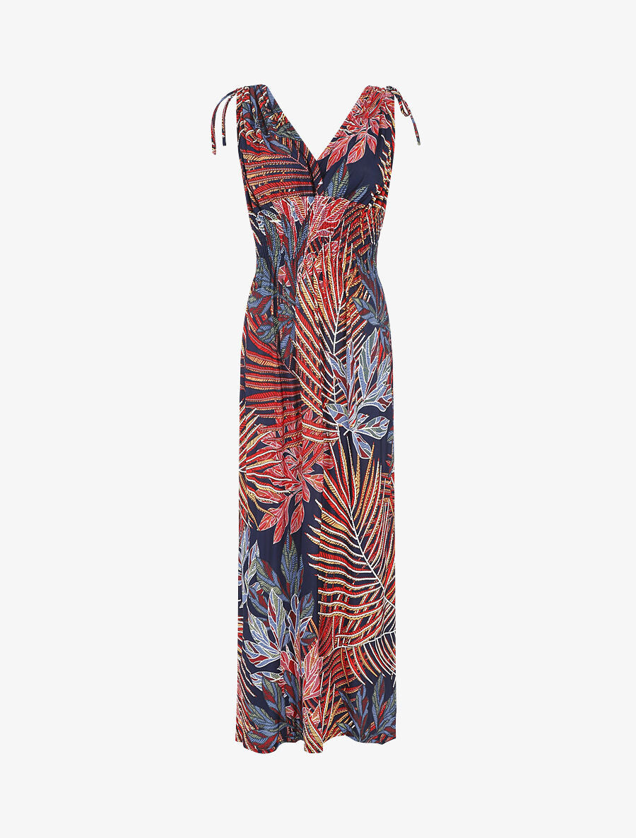 Robe longue élastiquée imprimé feuilles exotiques - Rouge - 5