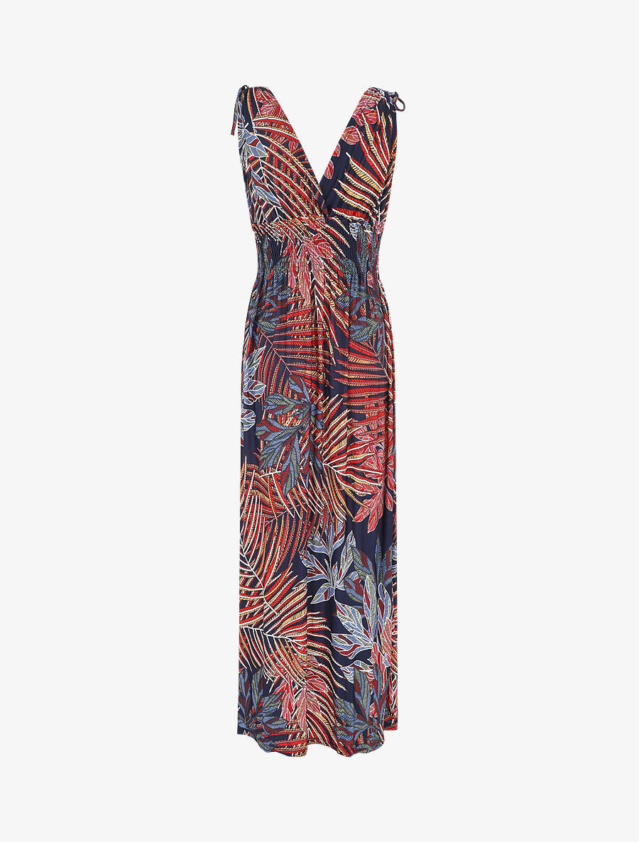 Robe longue élastiquée imprimé feuilles exotiques - Rouge - 2