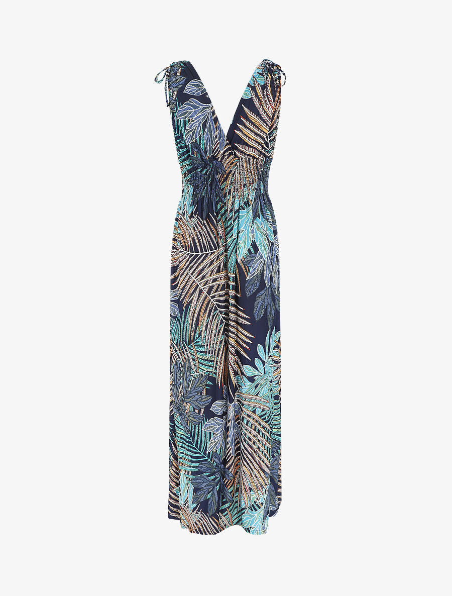 Robe longue élastiquée imprimé feuilles exotiques - Marine - 2