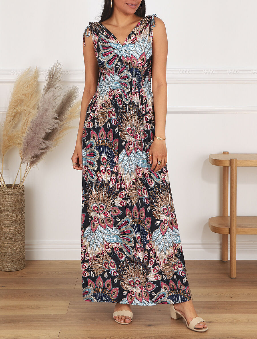 Robe longue à bretelles imprimé plume de paon - Bleu/rose - 4