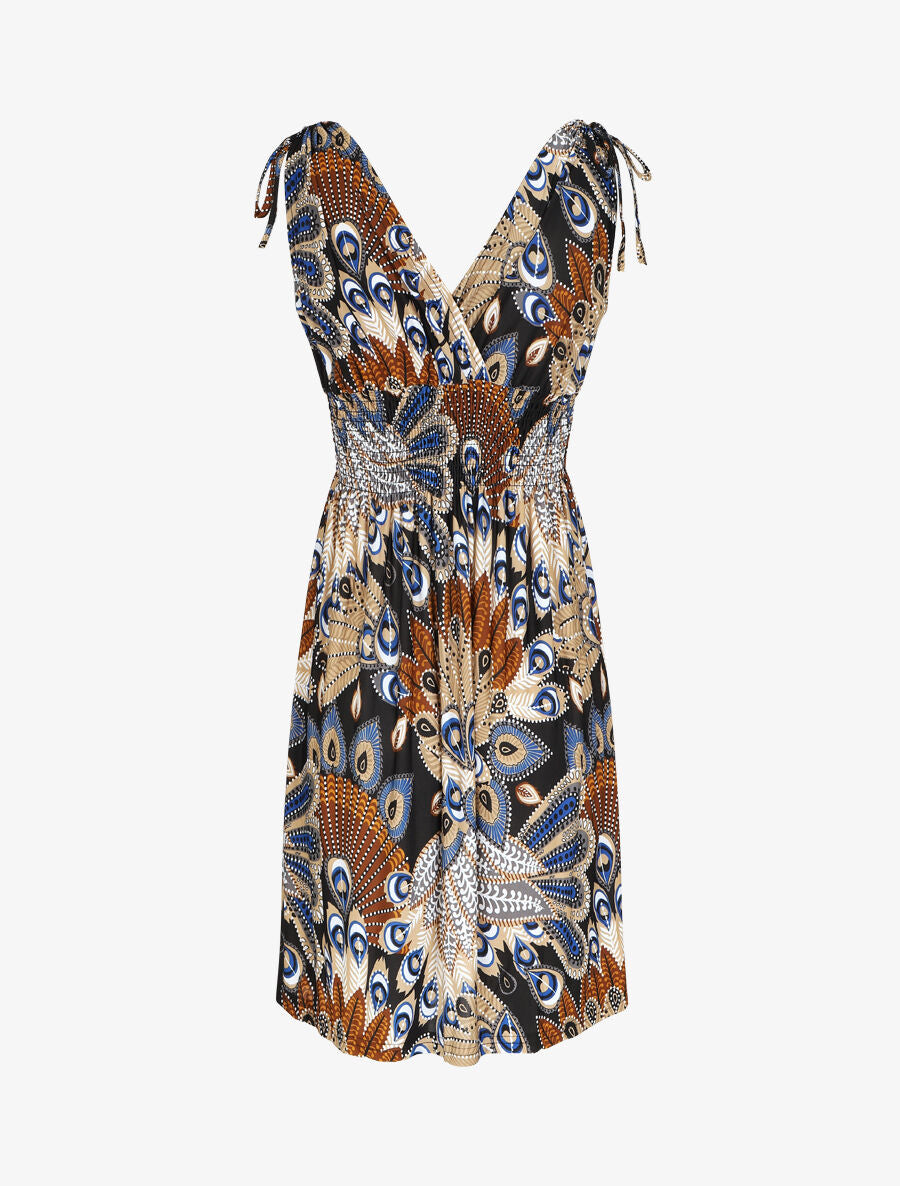 Robe mi-longue élastiquée imprimé plumes de paon - Bleu - 2