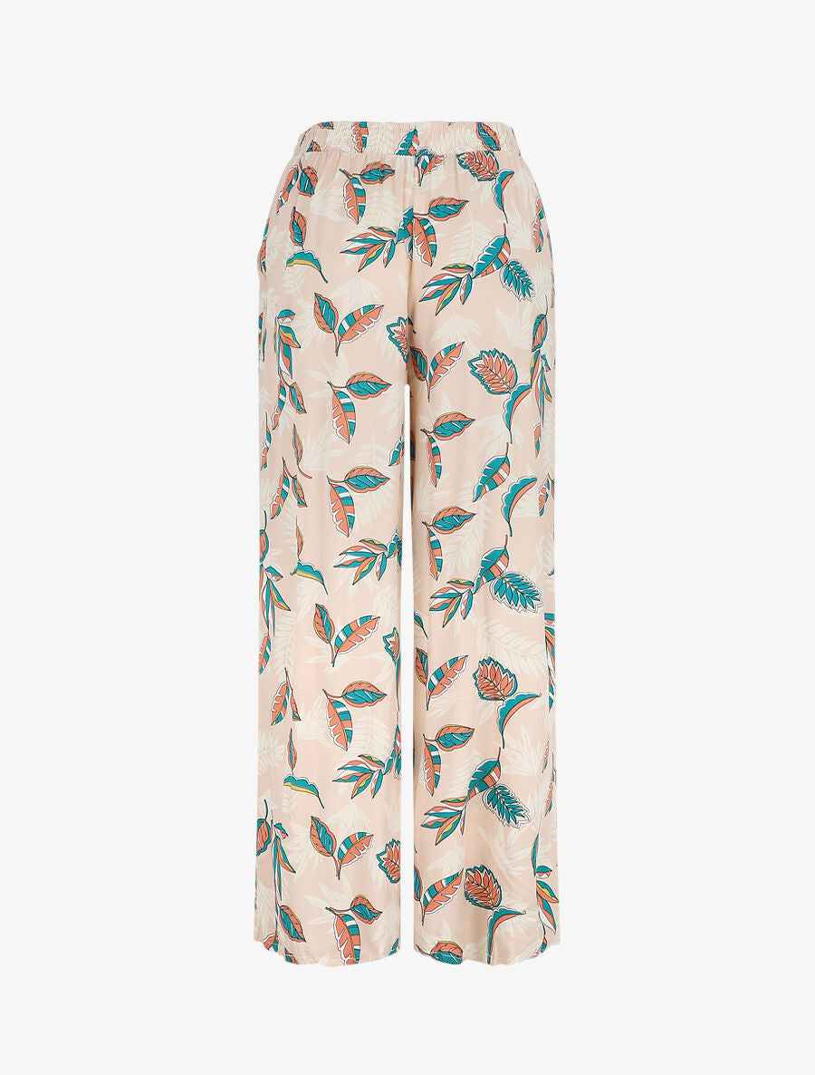 Pantalon élastiqué imprimé feuilles - Beige - 2