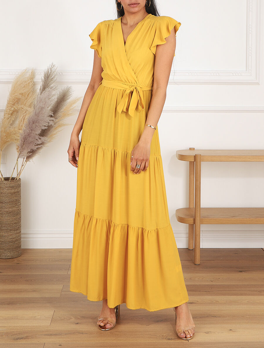 Robe longue unie manches courtes - Jaune - 1