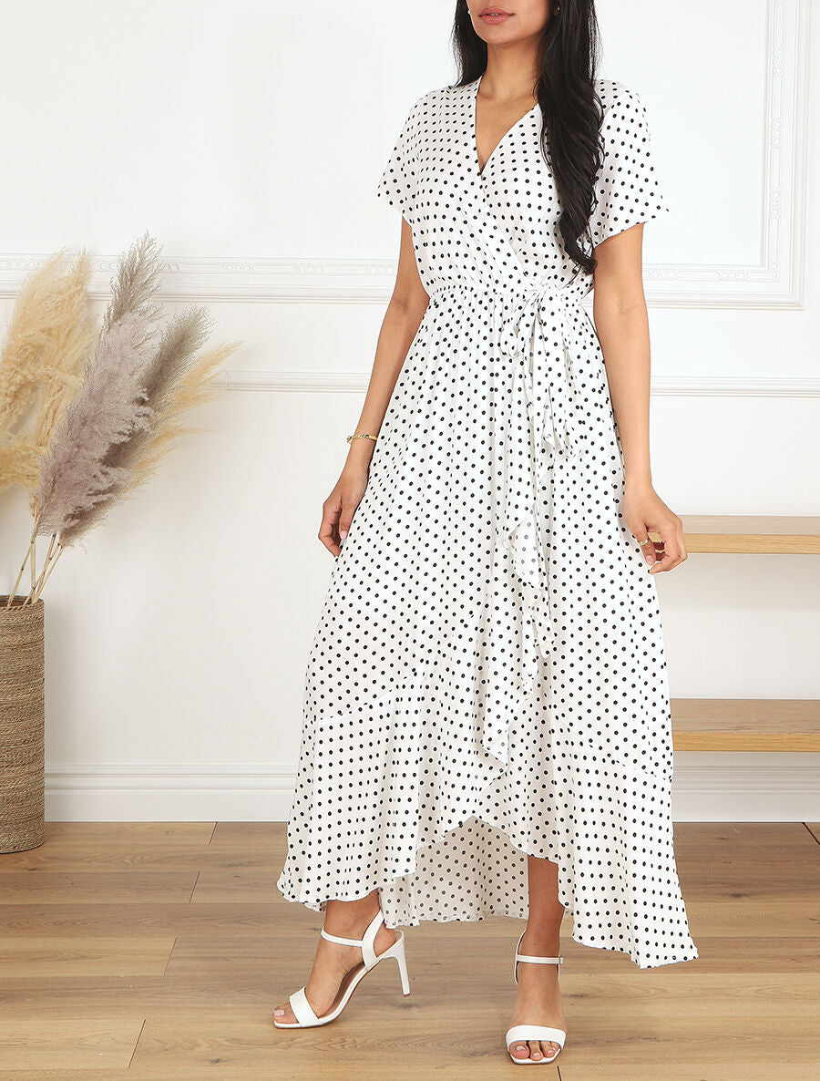 Robe longue à imprimé pois - Blanc - 1
