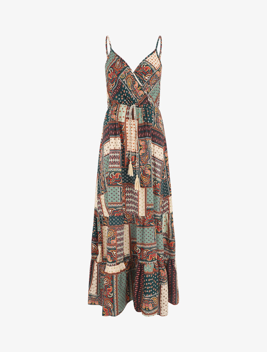 Robe longue style patchwork à bretelles - Vert - 1