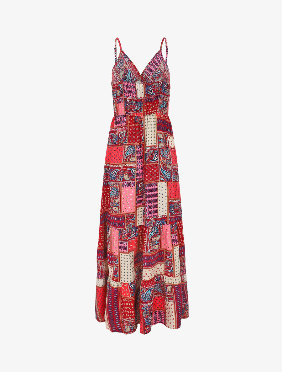 Robe longue style patchwork à bretelles - Rouge - 2