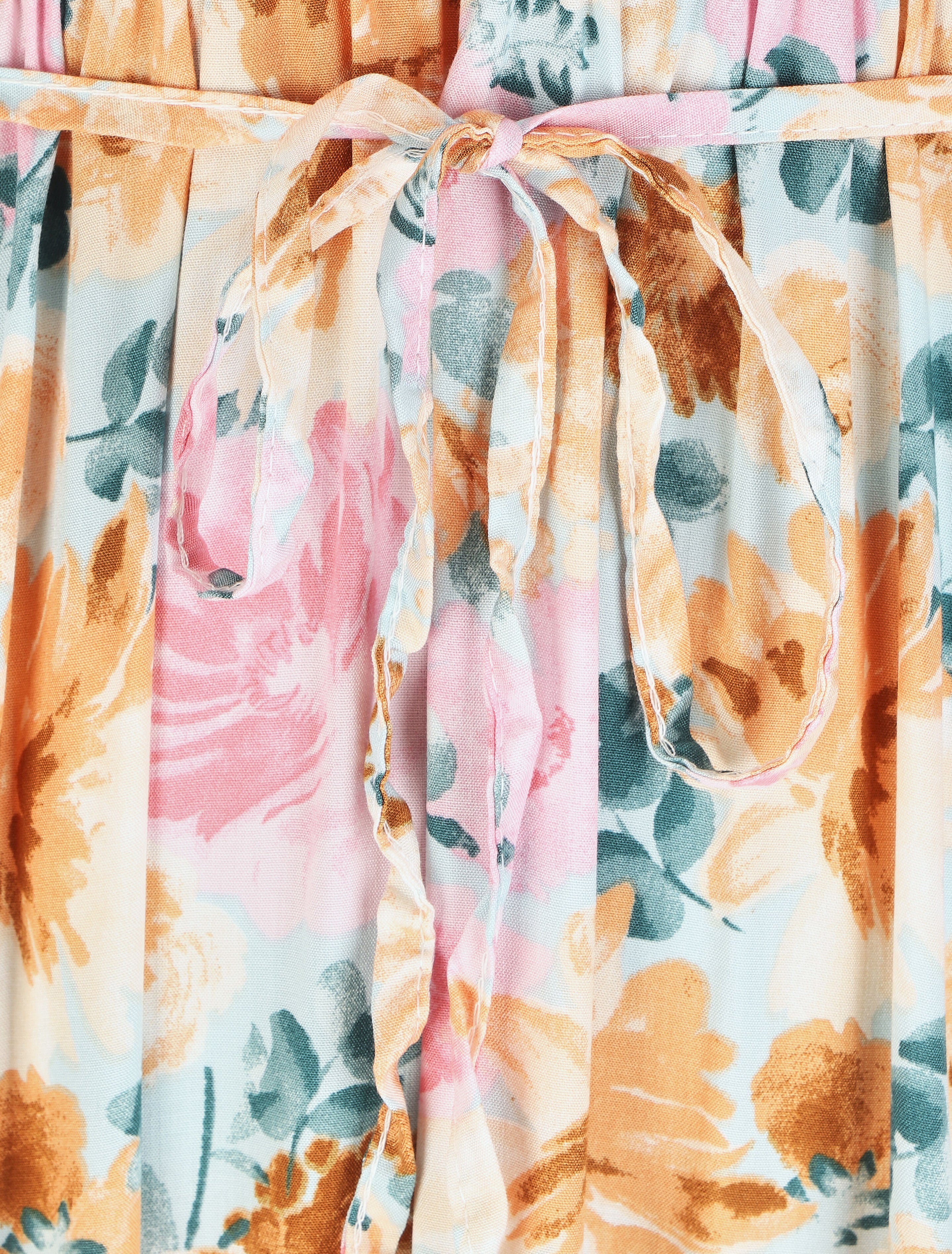 Robe longue évasée à fleurs - Beige - 3