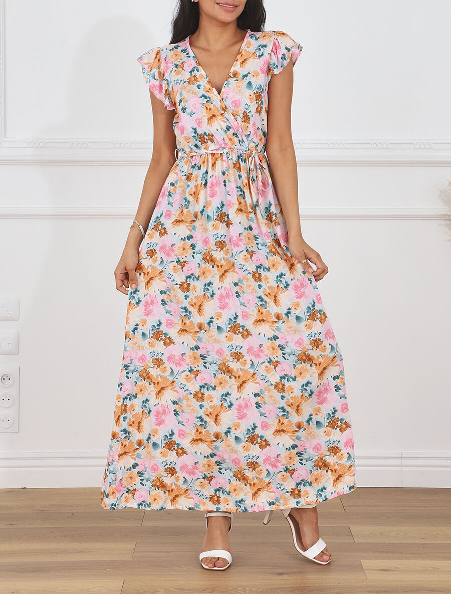 Robe longue évasée à fleurs - Beige - 4