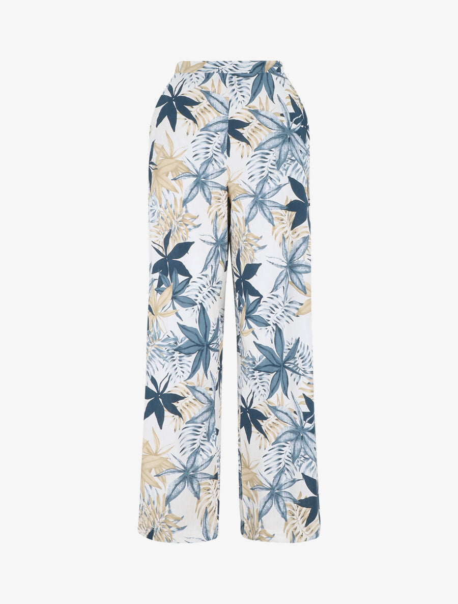 Pantalon à taille élastiquée imprimé feuilles - Bleu - 5