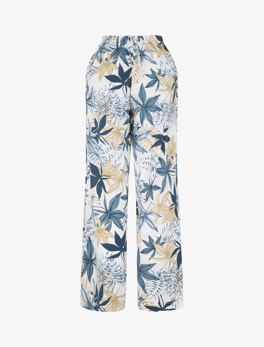 Pantalon à taille élastiquée imprimé feuilles - Bleu - 2
