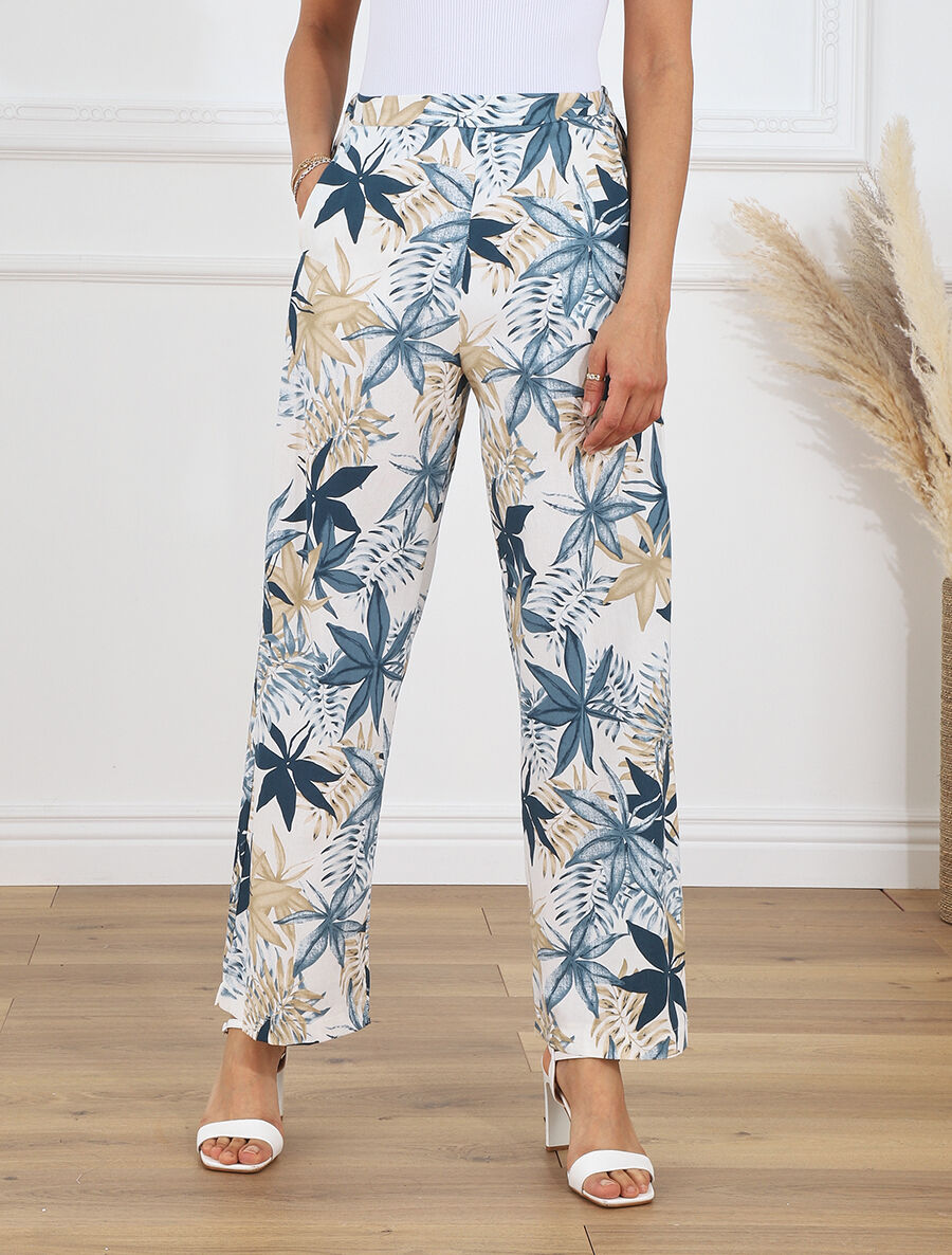 Pantalon à taille élastiquée imprimé feuilles - Bleu - 4