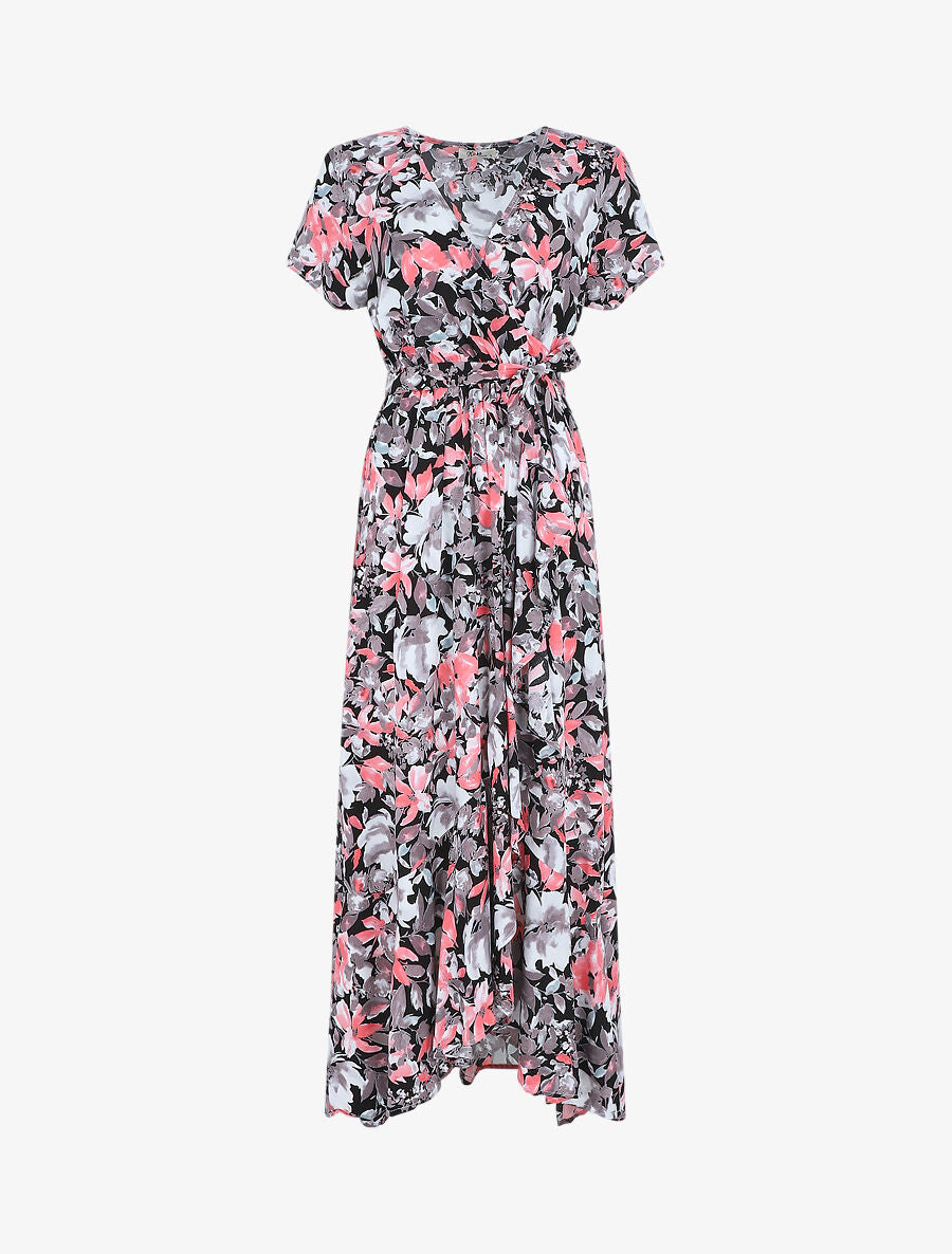 Robe longue fleurie manches courtes - Noir - 1