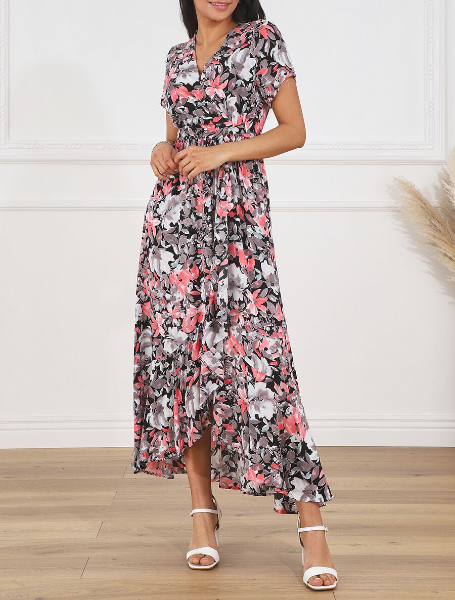 Robe longue fleurie manches courtes - Noir - 4