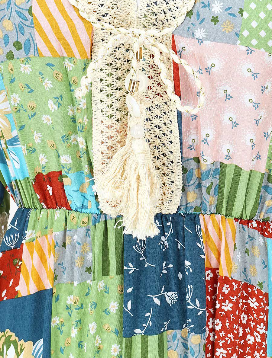 Robe imprimé patchwork à détail pampilles - Vert - 3