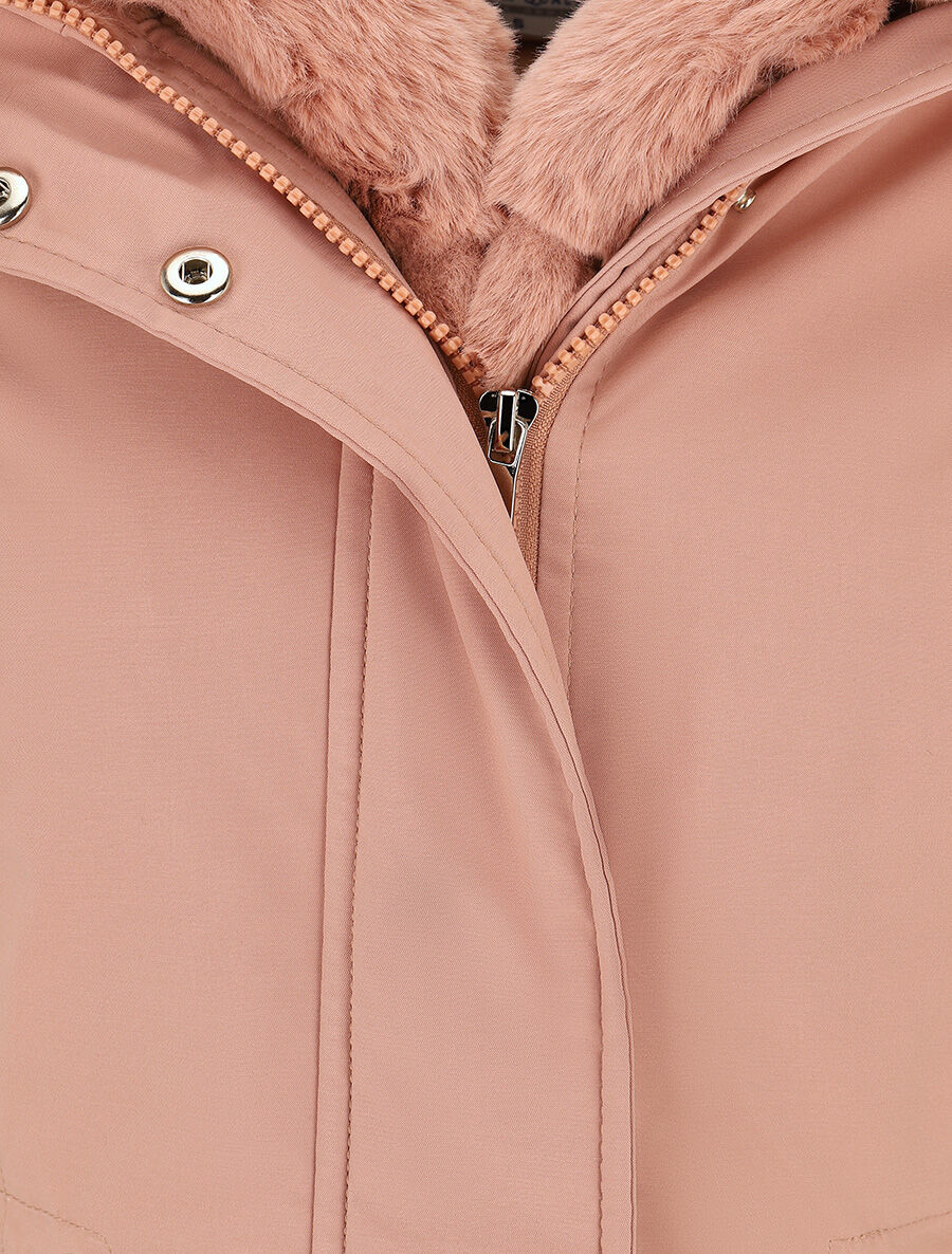 Parka uni à fourrure synthétique amovible - Rose - 3
