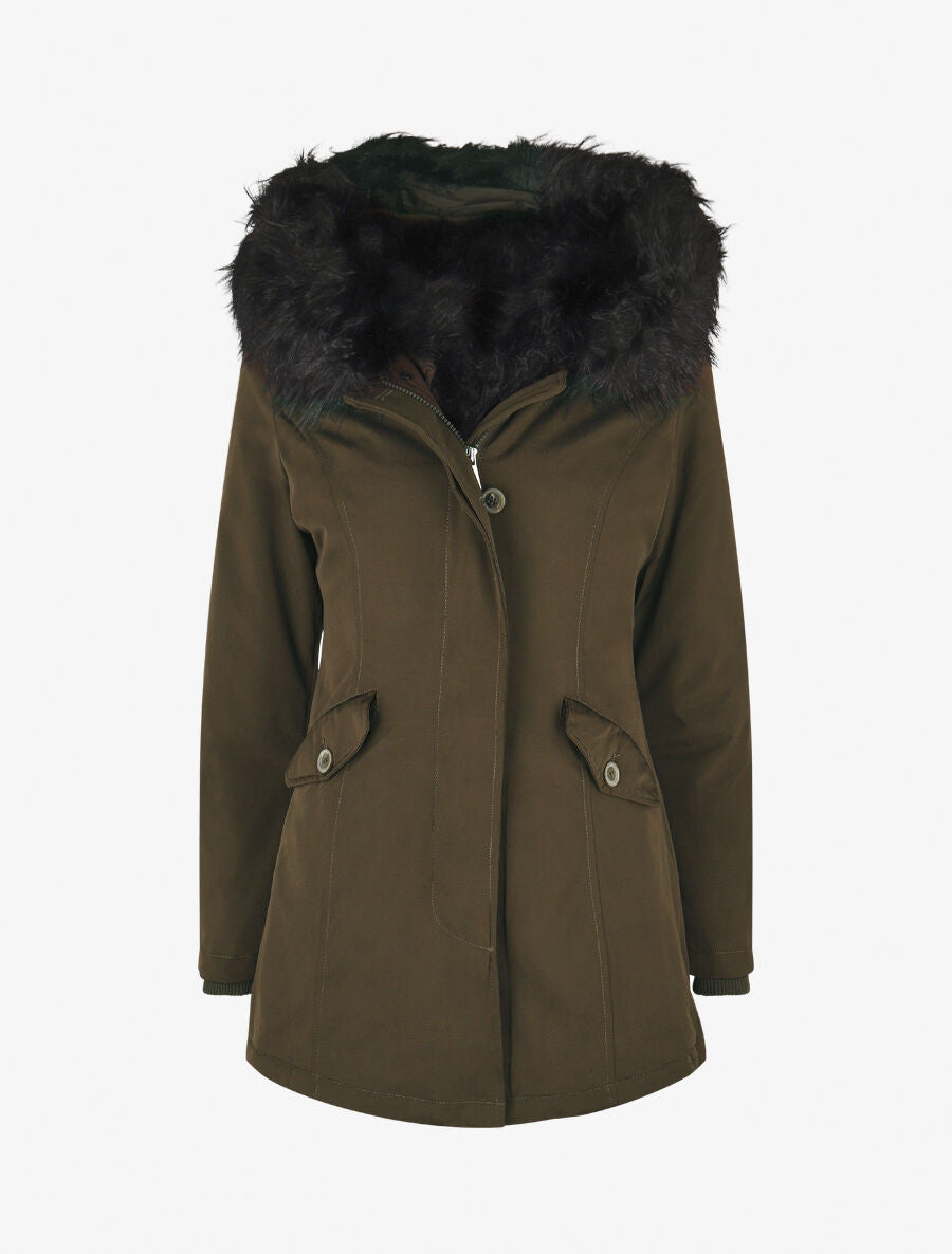 Parka uni à fourrure synthétique amovible - Vert militaire/noir - 1