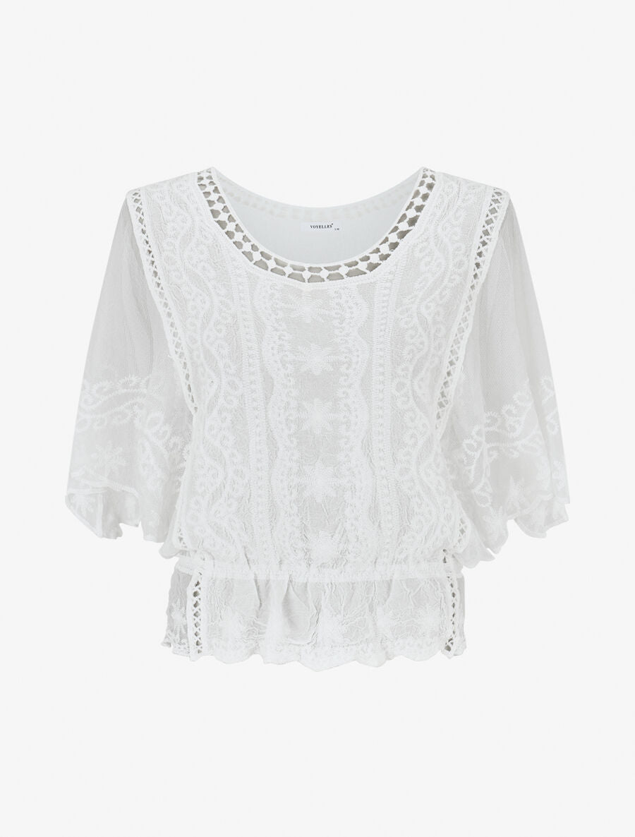 Blouse unie en résille et brodée - Blanc - 4