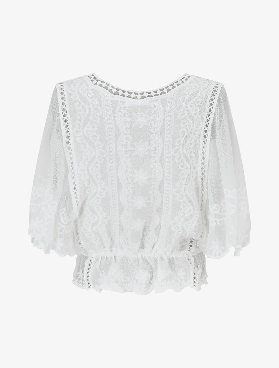 Blouse unie en résille et brodée - Blanc - 2