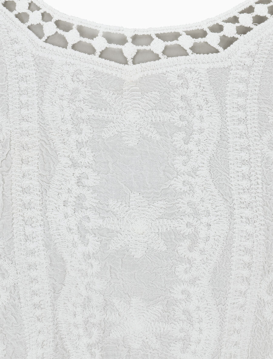 Blouse unie en résille et brodée - Blanc - 3