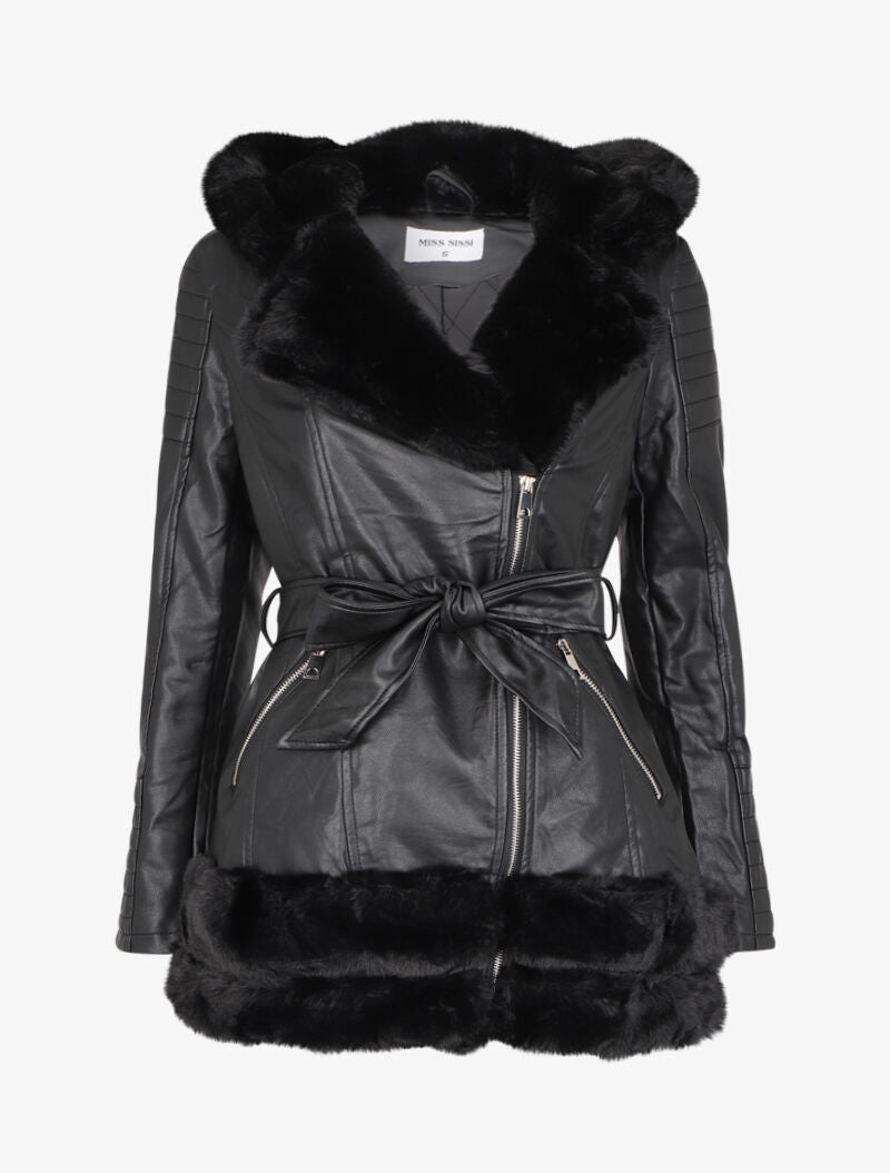 Manteau en simili à empiècement en fausse fourrure - Noir - 1