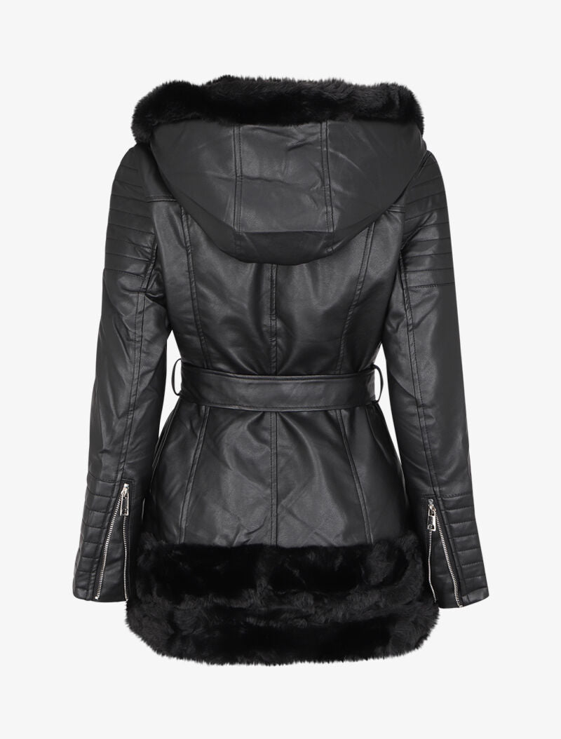 Manteau en simili à empiècement en fausse fourrure - Noir - 2