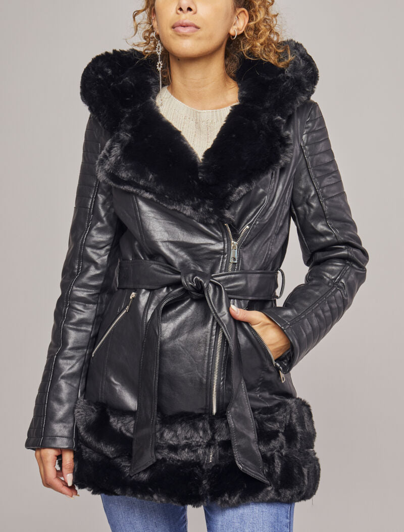 Manteau en simili à empiècement en fausse fourrure - Noir - 4