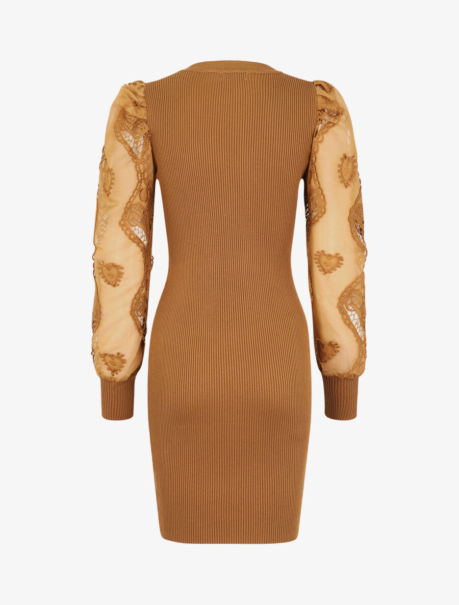 Robe pull à manches bouffantes en crochet - Camel - 2