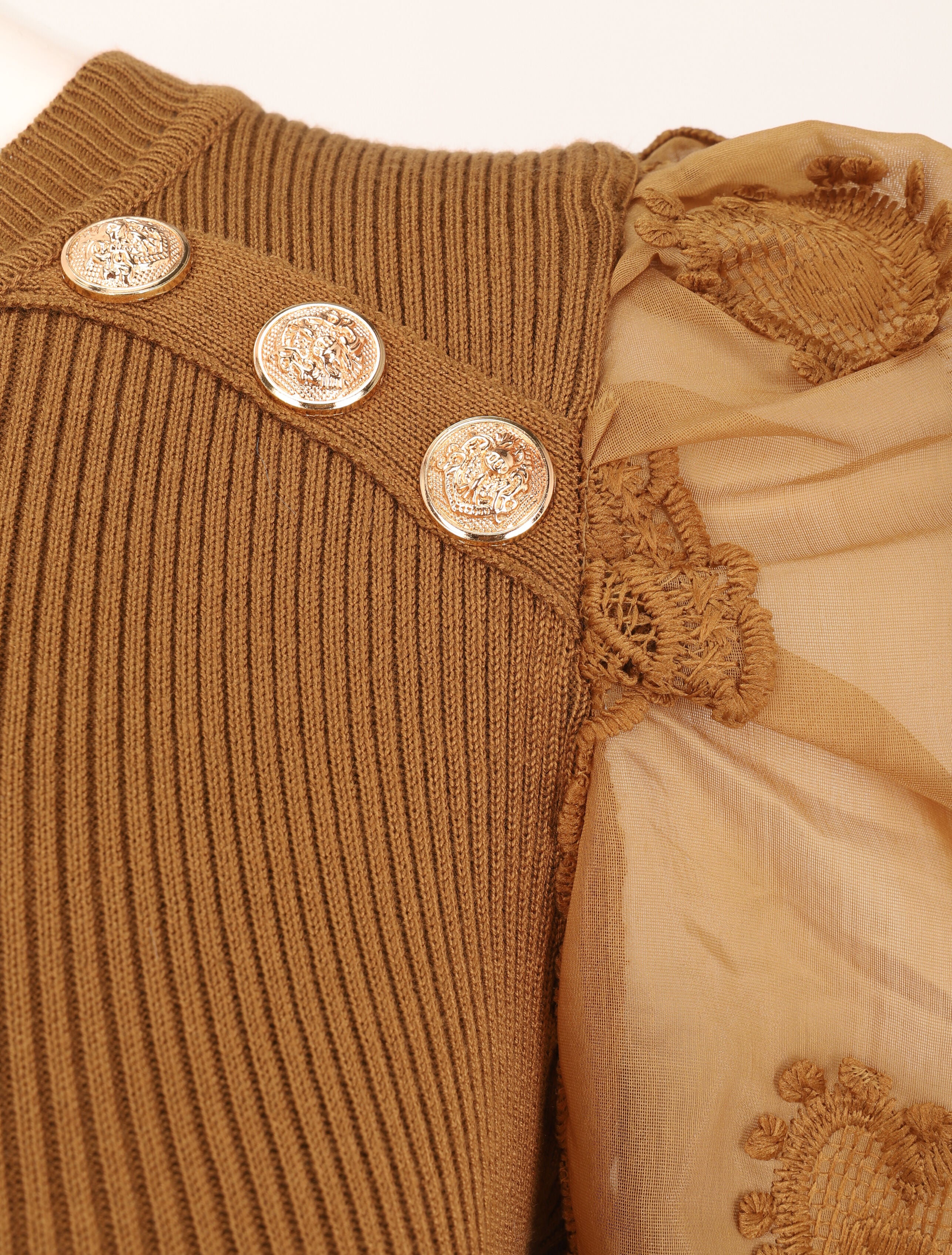 Robe pull à manches bouffantes en crochet - Camel - 3