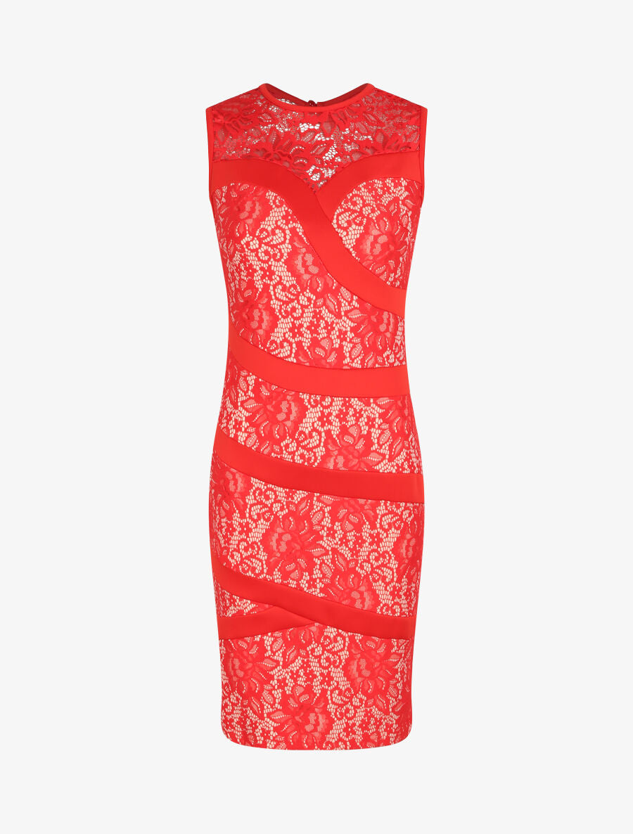 Robe fourreau en dentelle - Rouge - 1