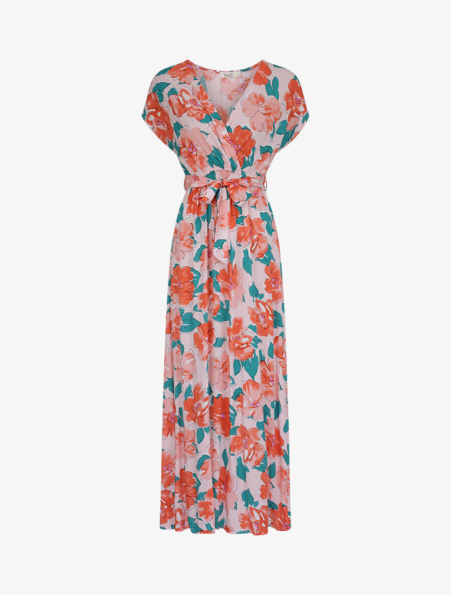 Robe longue empire à manches courtes et imprimé floral - Rose - 4