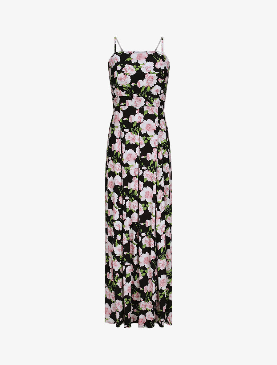 Robe longue empire fendue à imprimé roses - Noir - 4