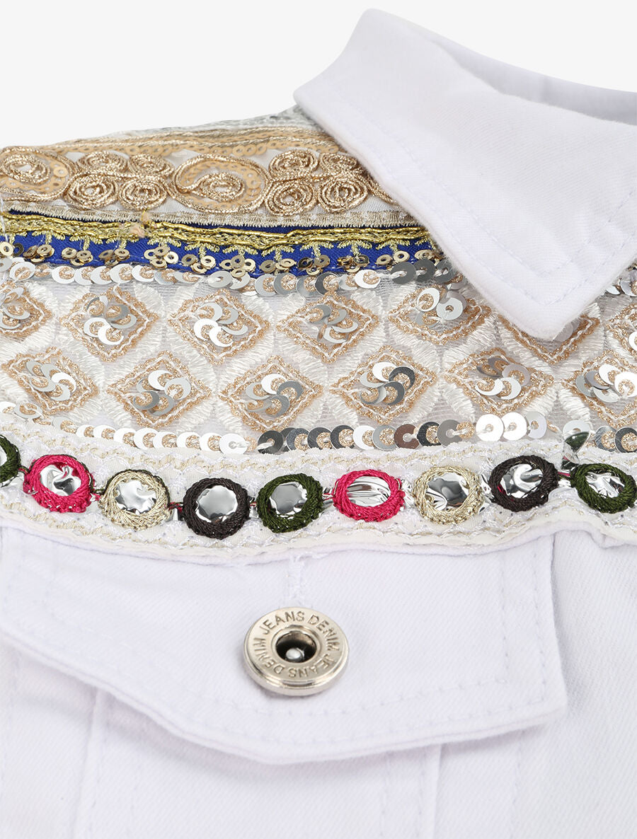 Veste en jean sans manches ornée de sequins et de perles - Blanc - 3