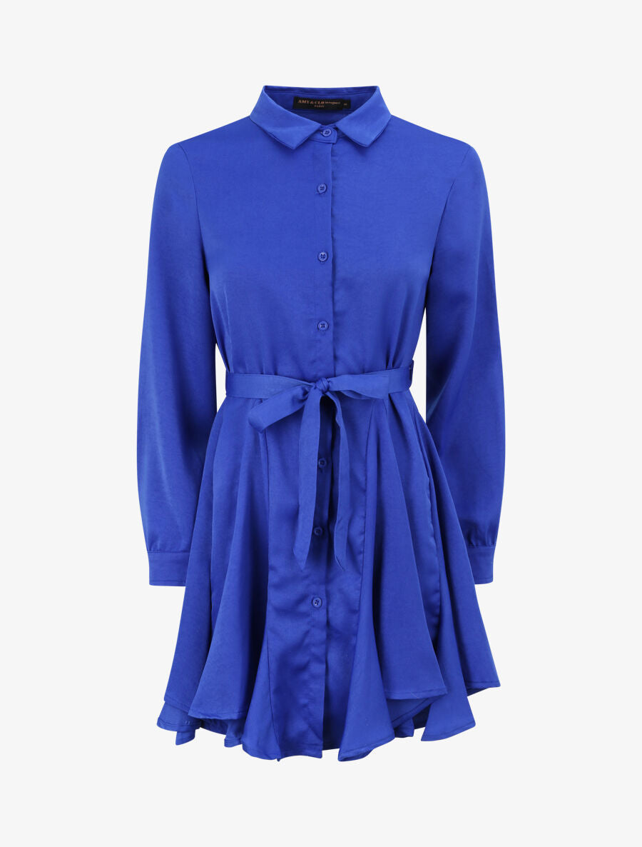 Robe chemise satinée à bords volantés - Bleu roi - 4