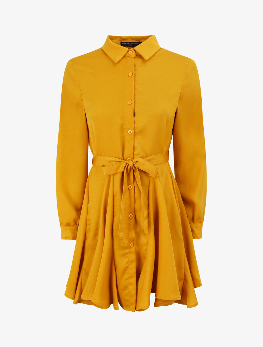 Robe chemise satinée à bords volantés - Moutarde - 1
