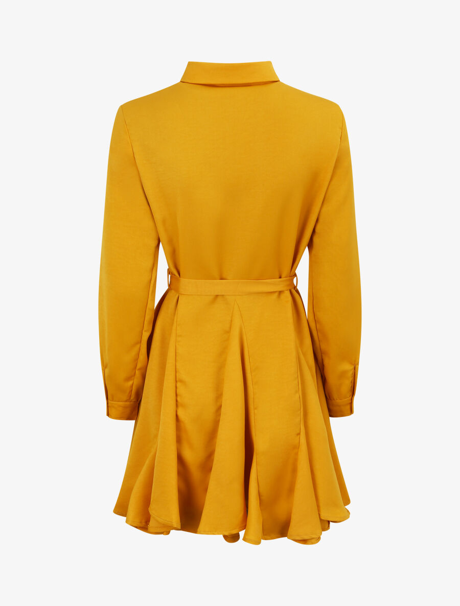 Robe chemise satinée à bords volantés - Moutarde - 2