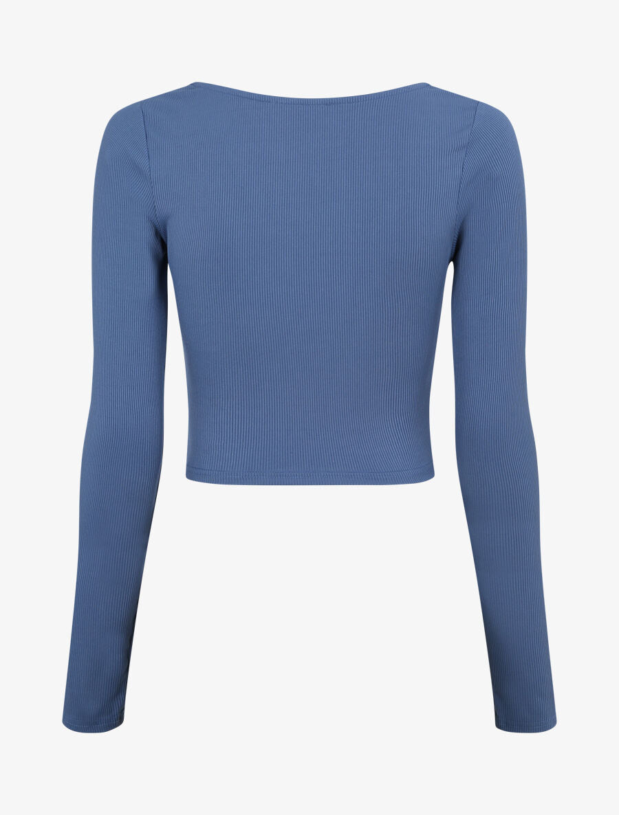 Crop top côtelé avec liens de serrage - Bleu - 2